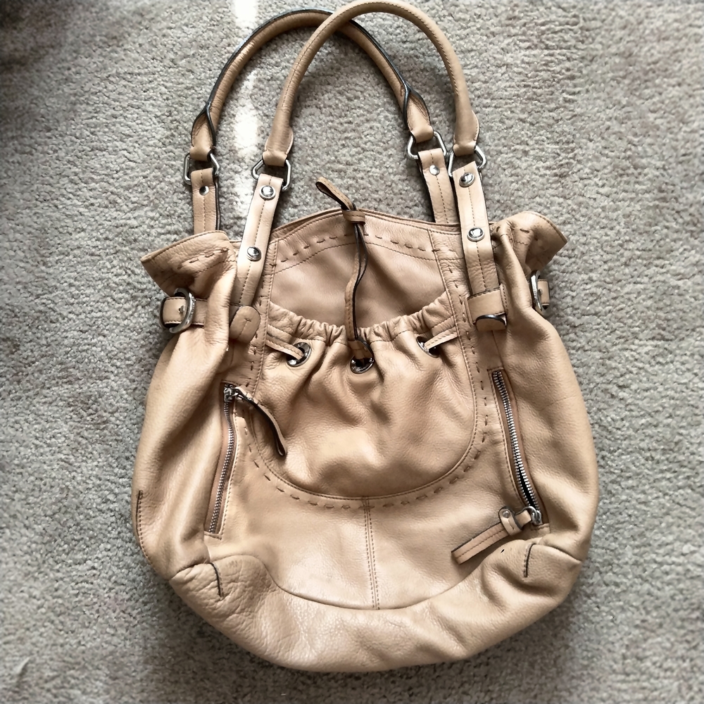 Tan Leather Shoulder Bag with Metallic Accents